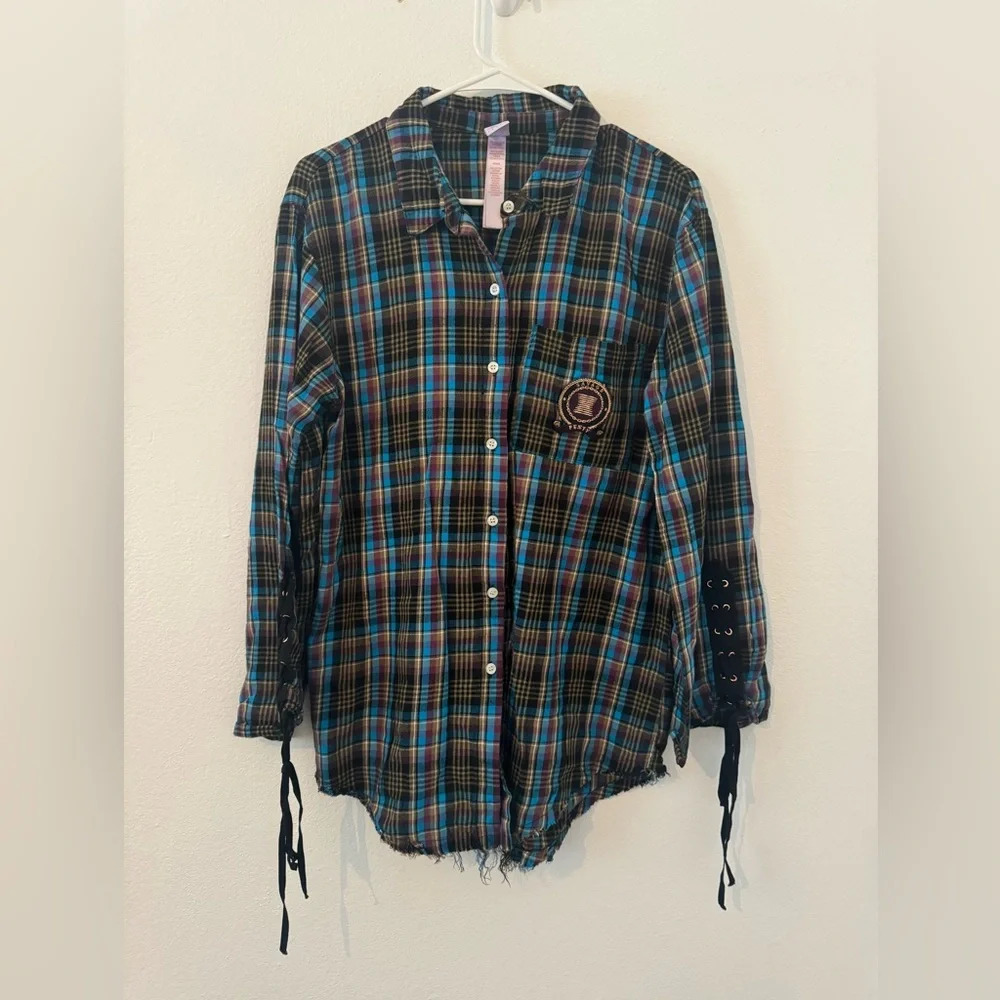 Savage X Fenty TIED UP TARTAN PJ RAW HEM SLEEP SHIRT Streetwear Comfy Medium